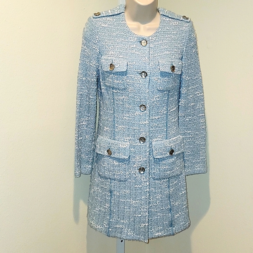 ST. JOHN CLASSIC BABY BLUE KNIT TWEED BOUCLE LONG JACKET